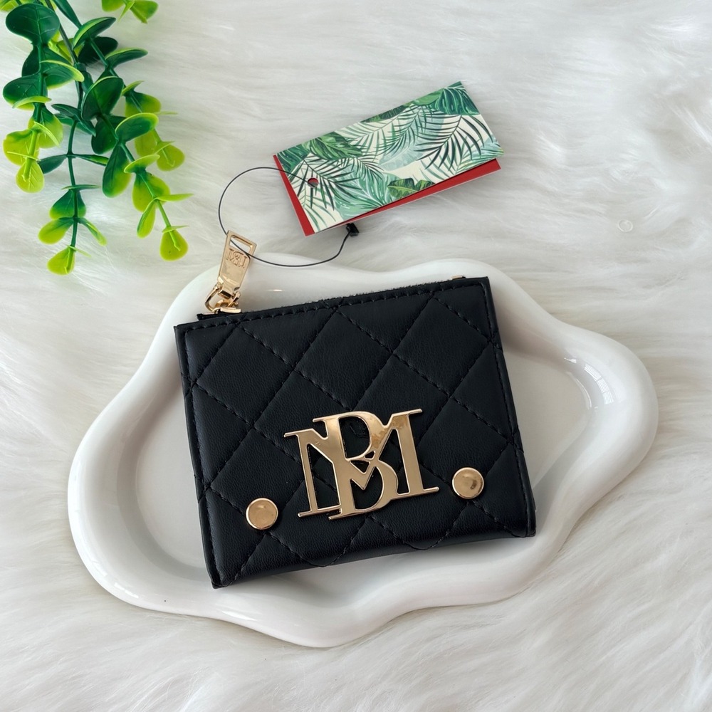 Badgley Mischka Quilted Black Card Wallet with Gold Logo